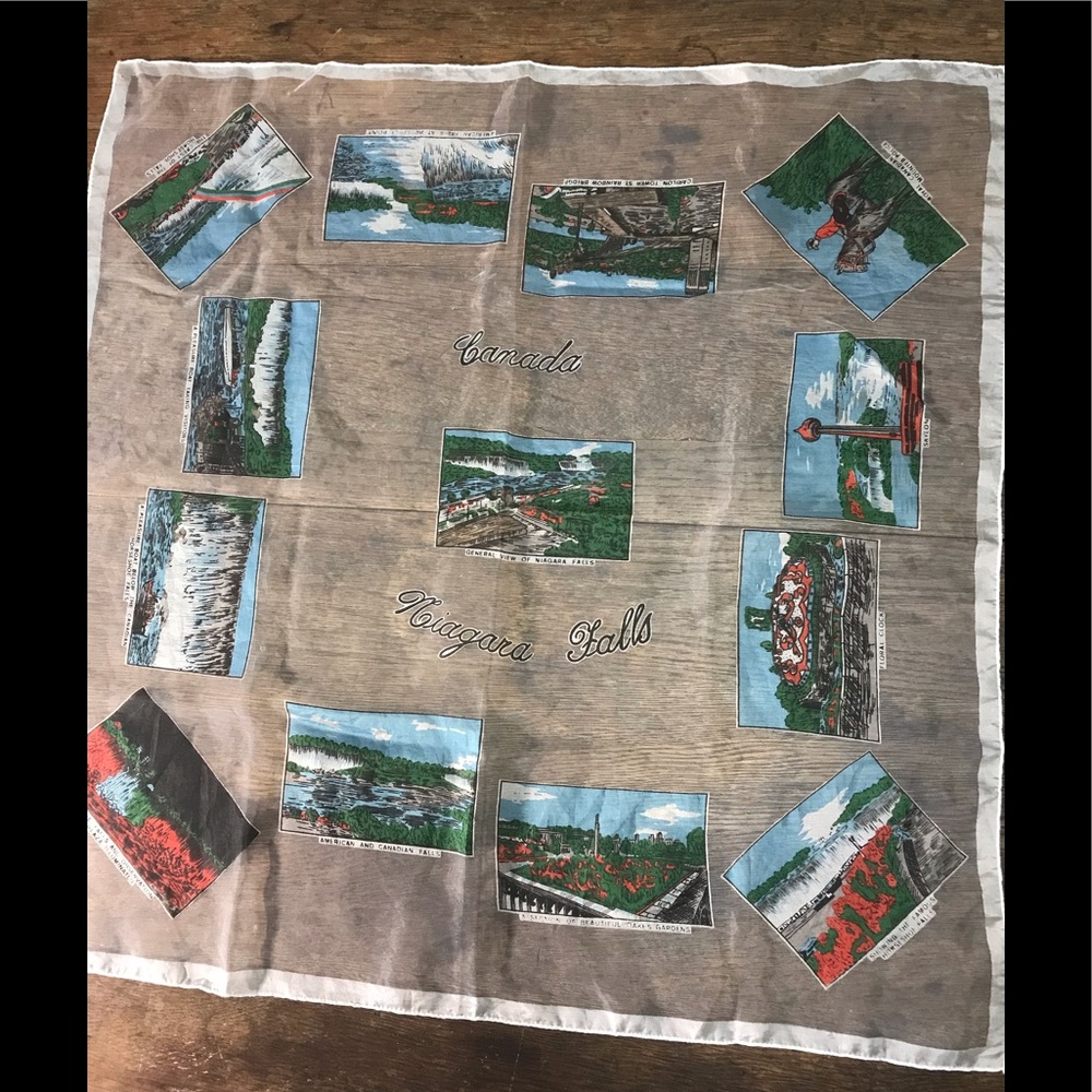 Vintage Sheer Silk Rolled Edge Niagara Falls Canada Souvenir Scarf